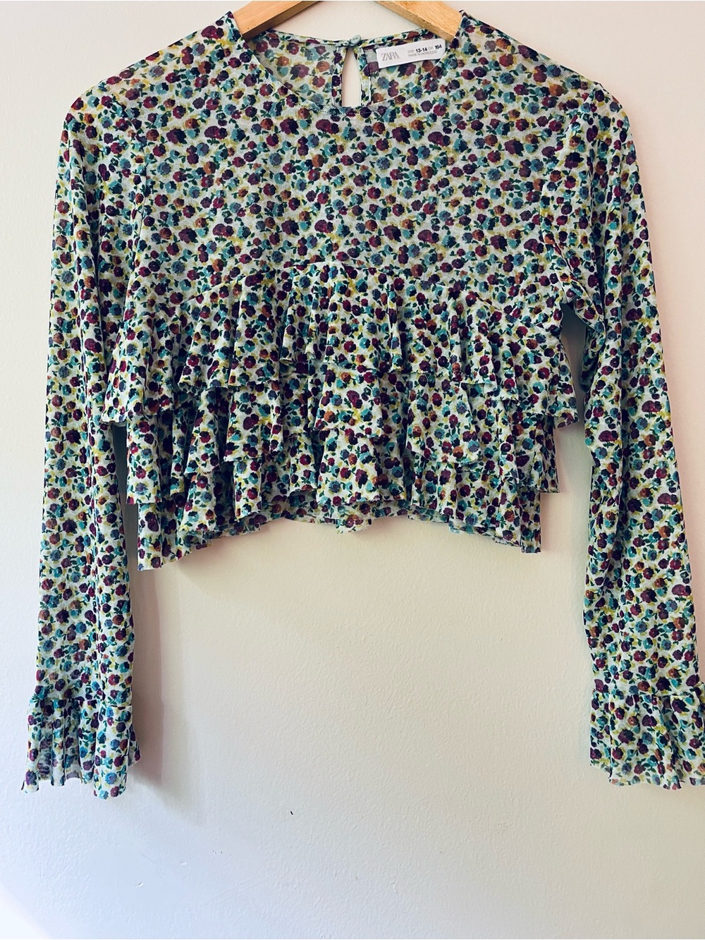 Zara Green Floral Ruffle Crop Top with Multicolor Print